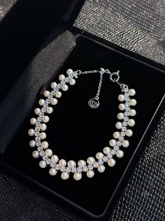 Freshwater Pearl & Zircon  Lace Bracelet Adjustable Bracelet