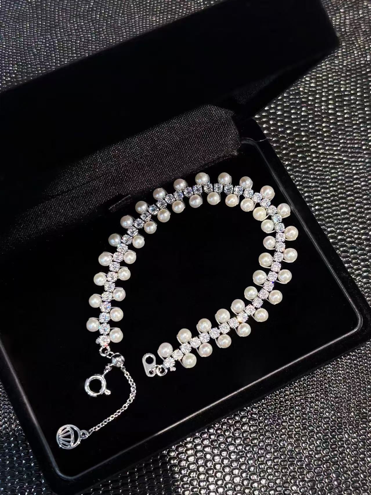 Freshwater Pearl & Zircon  Lace Bracelet Adjustable Bracelet