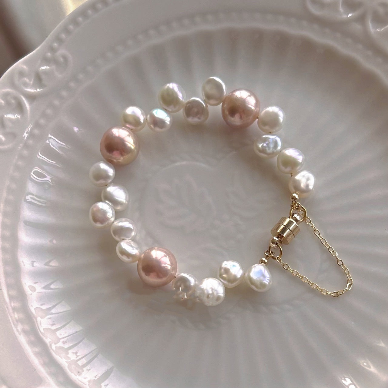 Natural Baroque Keshi Pearl Flower Bracelet | Pink Purple Freshwater Pearls