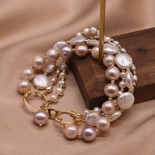 4-Layer Baroque Freshwater Pearl Bracelet | White, Pink & Purple Pearls
