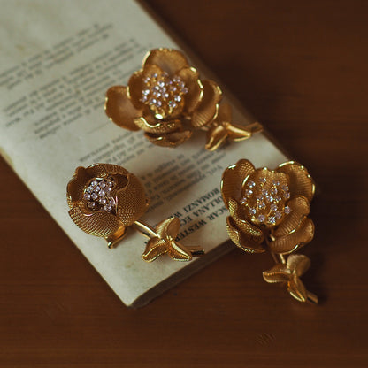 Vintage Mechanical Flower Brooch with Openable Rhinestone Locket