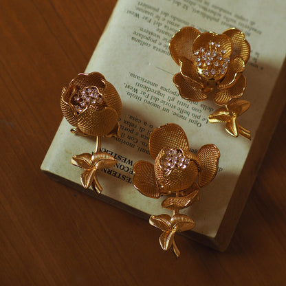 Vintage Mechanical Flower Brooch with Openable Rhinestone Locket