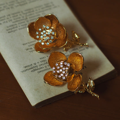 Vintage Mechanical Flower Brooch with Openable Rhinestone Locket