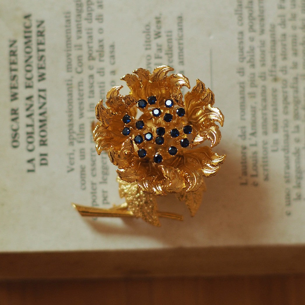 Vintage Blue Rhinestone Flower Brooch | Openable Floral Pin