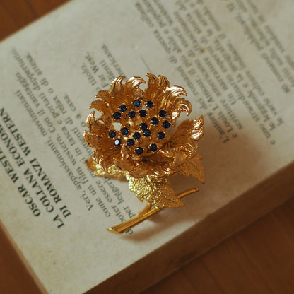 Vintage Blue Rhinestone Flower Brooch | Openable Floral Pin