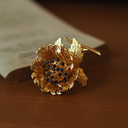 Vintage Blue Rhinestone Flower Brooch | Openable Floral Pin