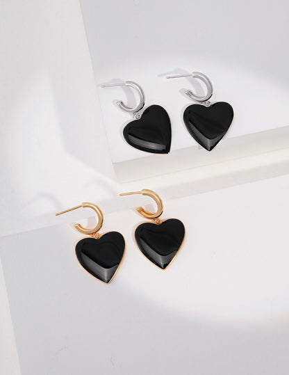 S925 Sterling Silber Schwarz Emaille Herz Ohrringe Anhänger – Alltagsaccessoire