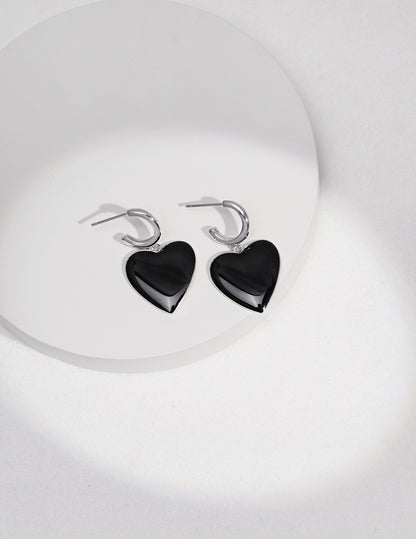 S925 Sterling Silber Schwarz Emaille Herz Ohrringe Anhänger – Alltagsaccessoire