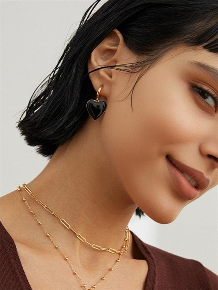S925 Sterling Silber Schwarz Emaille Herz Ohrringe Anhänger – Alltagsaccessoire