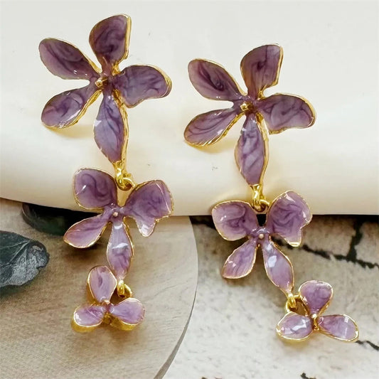 Elegant Long Metal Tassel Enamel Floral Earrings for Women