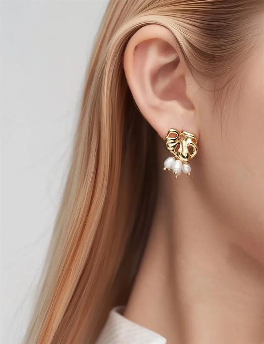 Tropical Monstera Leaf Design Rice Pearl Drop Earrings