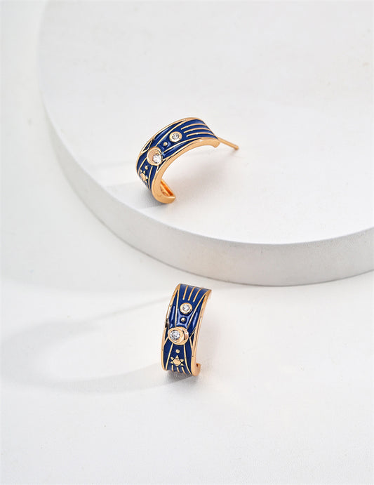 S925 Silver Vintage Blue Enamel & Zirconia Earring