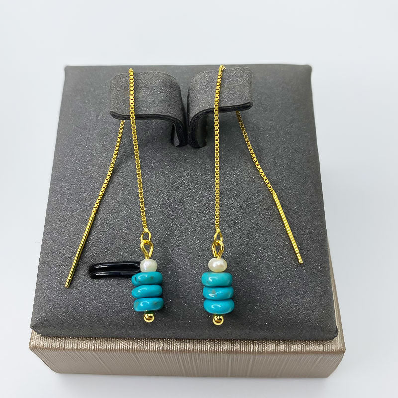 Turquoise Bead & Pearl Ear Thread Drop Earrings