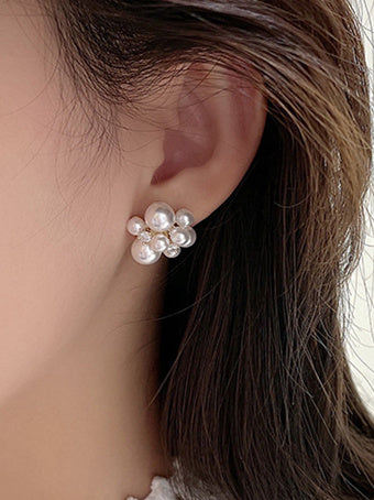 Bridal Pearl Cluster Stud Earrings – 925 Silver Elegant Wedding Jewelry