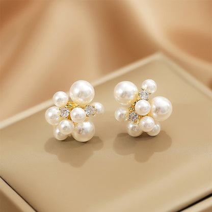 Bridal Pearl Cluster Stud Earrings – 925 Silver Elegant Wedding Jewelry