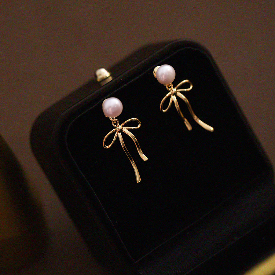 Gold S925 Silver Bow Knot Pearl Stud Earrings