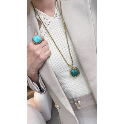 Long Necklace Sweater Necklace with Large Pendant Turquoise/Rose Quartz