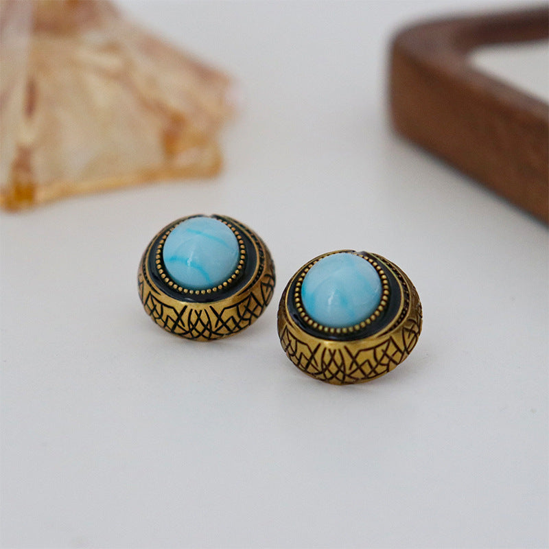 Round Turquoise&Gold Stud Earrings 