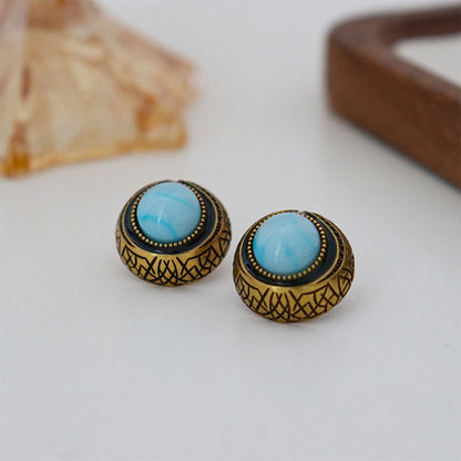 Round Turquoise&Gold Stud Earrings 