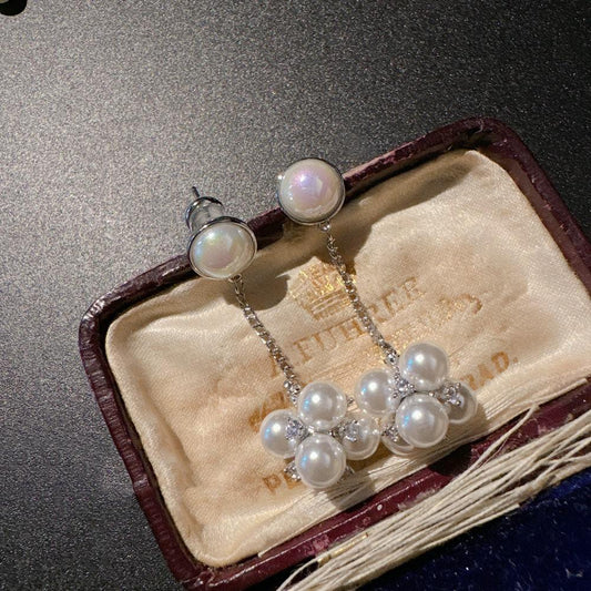 Pearl Cluster and Cubic Zirconia Drop Earrings with Floral Design