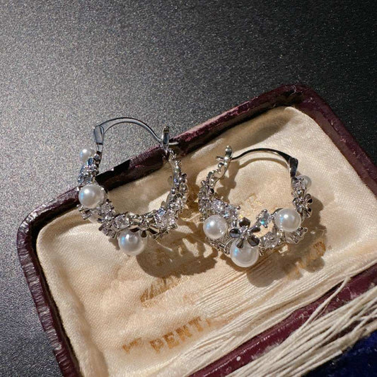 Floral Hoop Earrings with Cubic Zirconia and Pearl Inlays
