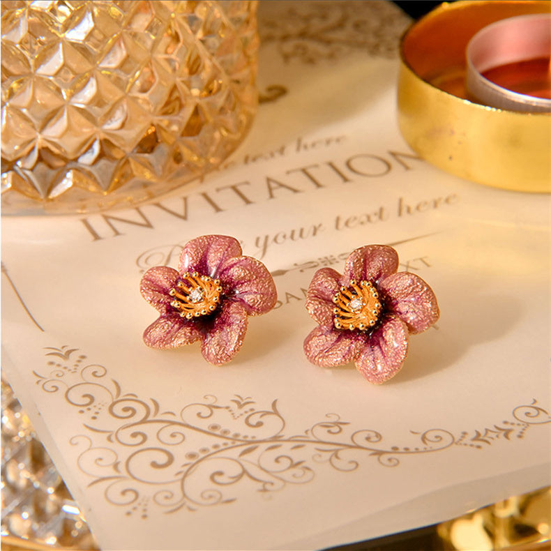 Camellia Enamel Stud Earrings with 925 Silver Posts