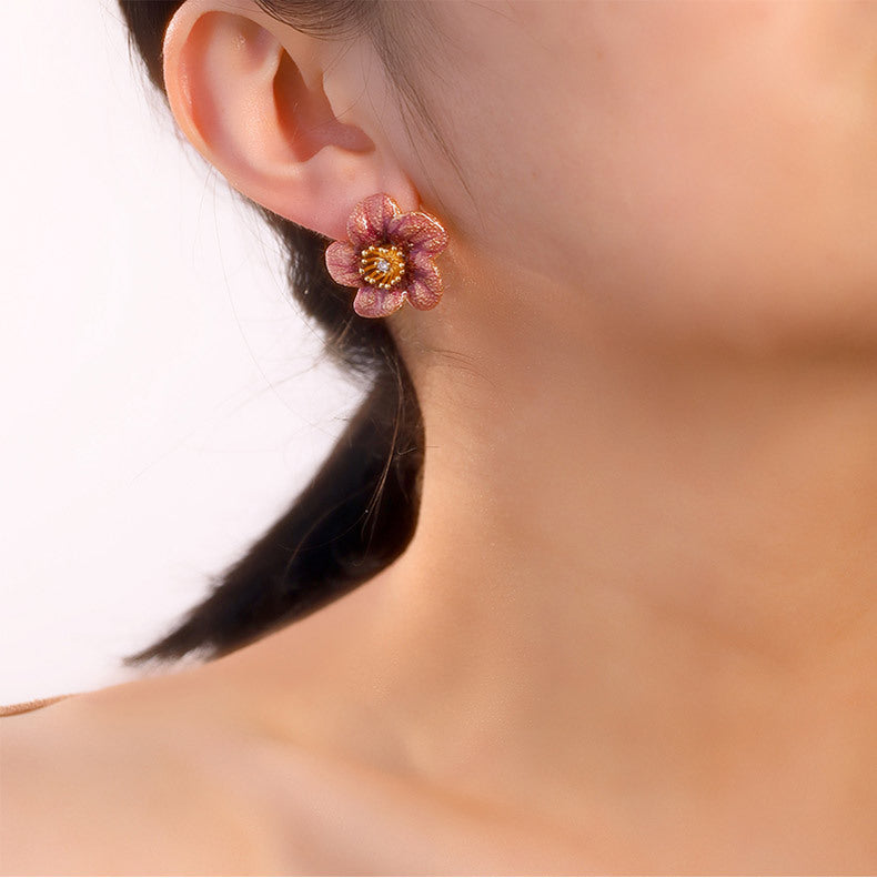 Camellia Enamel Stud Earrings with 925 Silver Posts