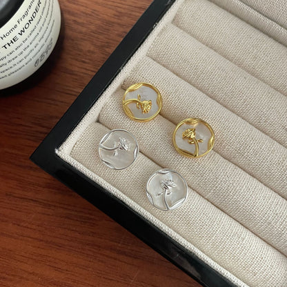 Enamel Flower Stud Earrings in 925 Silver & Mother of Pearl