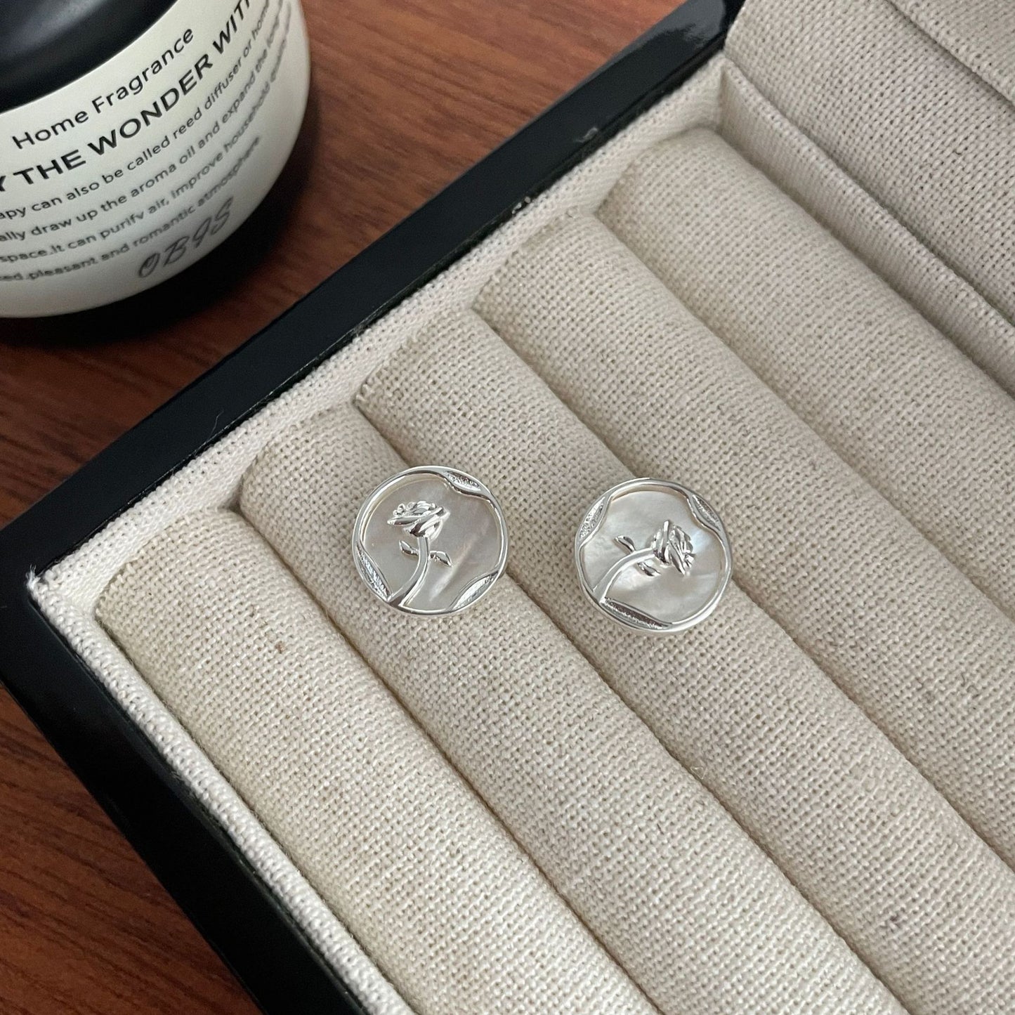 Enamel Flower Stud Earrings in 925 Silver & Mother of Pearl