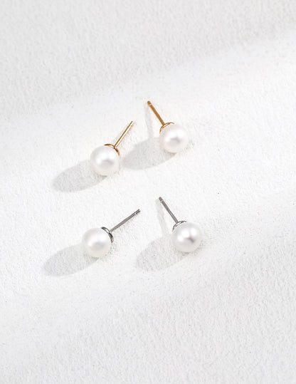 Vintage Gold / Platinum Classic Round Natural Pearl Stud Earrings – 925 Sterling Silver