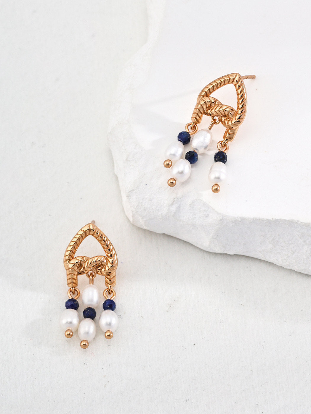 Lapis Lazuli & Pearl Beaded Heart Knot Drop Earrings