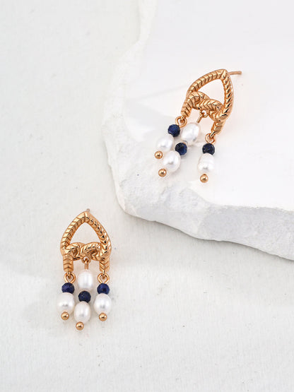 Lapis Lazuli & Pearl Beaded Heart Knot Drop Earrings
