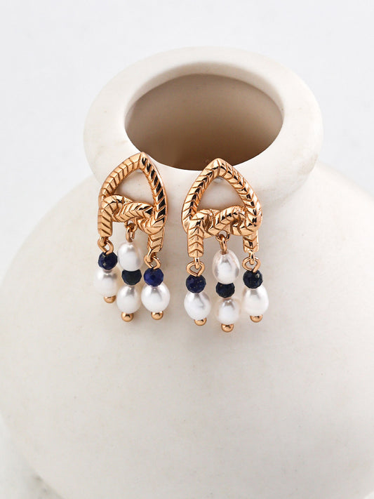 Lapis Lazuli & Pearl Beaded Heart Knot Drop Earrings
