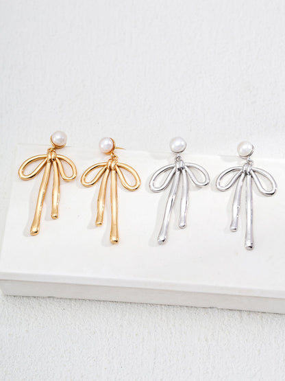 S925 Bowknot Pearl Drop Earrings