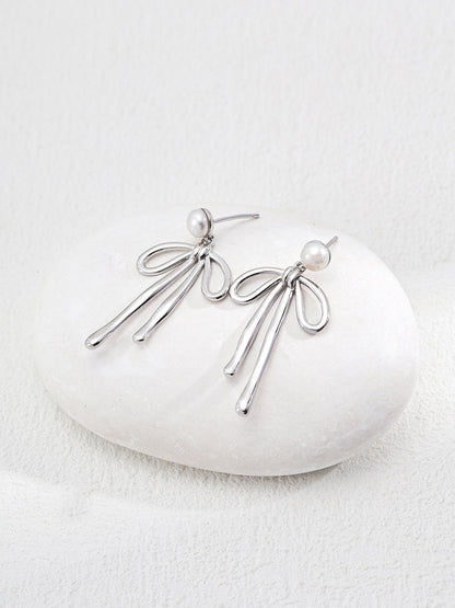 S925 Bowknot Pearl Drop Earrings