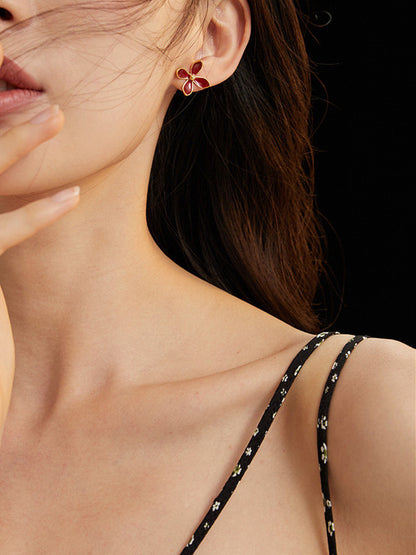 Minimalist Red Floral Stud Earrings – 925 Sterling Silver, Dainty Gold-Tone Design