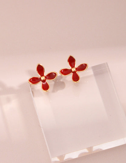 Minimalist Red Floral Stud Earrings – 925 Sterling Silver, Dainty Gold-Tone Design
