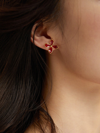 Minimalist Red Floral Stud Earrings – 925 Sterling Silver, Dainty Gold-Tone Design