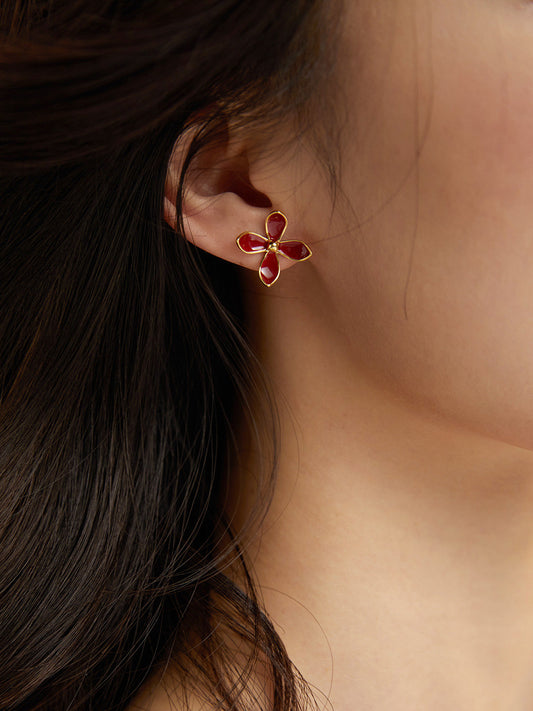 Minimalist Red Floral Stud Earrings – 925 Sterling Silver, Dainty Gold-Tone Design