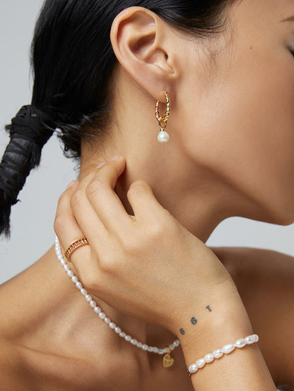 Twisted Rope Hoop Earrings with Natural Pearl – 925 Sterling Silver