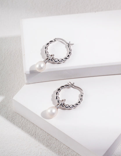 Twisted Rope Hoop Earrings with Natural Pearl – 925 Sterling Silver
