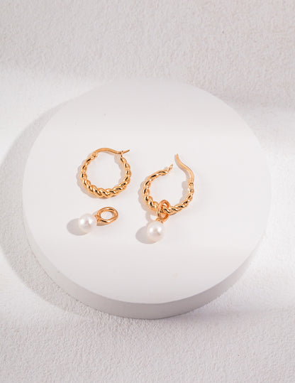 Twisted Rope Hoop Earrings with Natural Pearl – 925 Sterling Silver