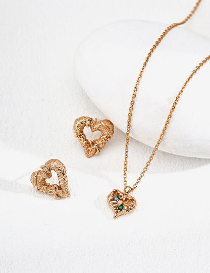 Vintage Heart Stud Earrings with Bow & Floral Accents – 925 Sterling Silver