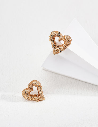 Vintage Heart Stud Earrings with Bow & Floral Accents – 925 Sterling Silver