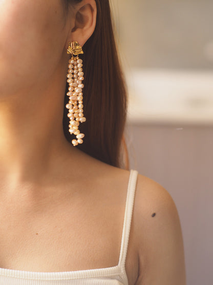 Vintage Long Tassel Baroque Imitation Pearl Earrings – Gold Plated, Statement Dangle Jewelry