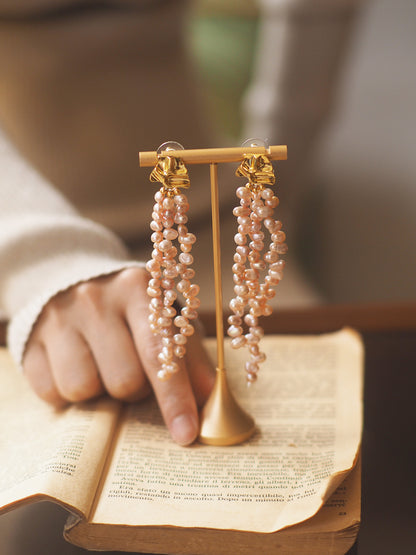Vintage Long Tassel Baroque Imitation Pearl Earrings – Gold Plated, Statement Dangle Jewelry