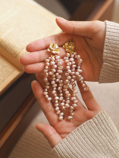 Vintage Long Tassel Baroque Imitation Pearl Earrings – Gold Plated, Statement Dangle Jewelry