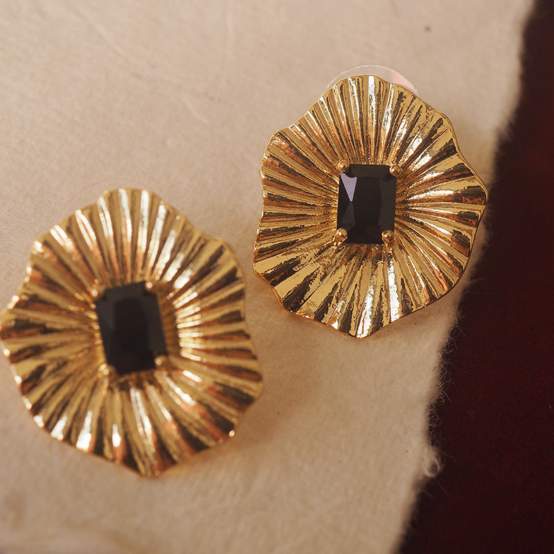Gold Lotus Wave Textured Earrings with Black Crystal Gemstone