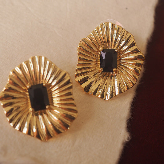 Gold Lotus Wave Textured Earrings with Black Crystal Gemstone