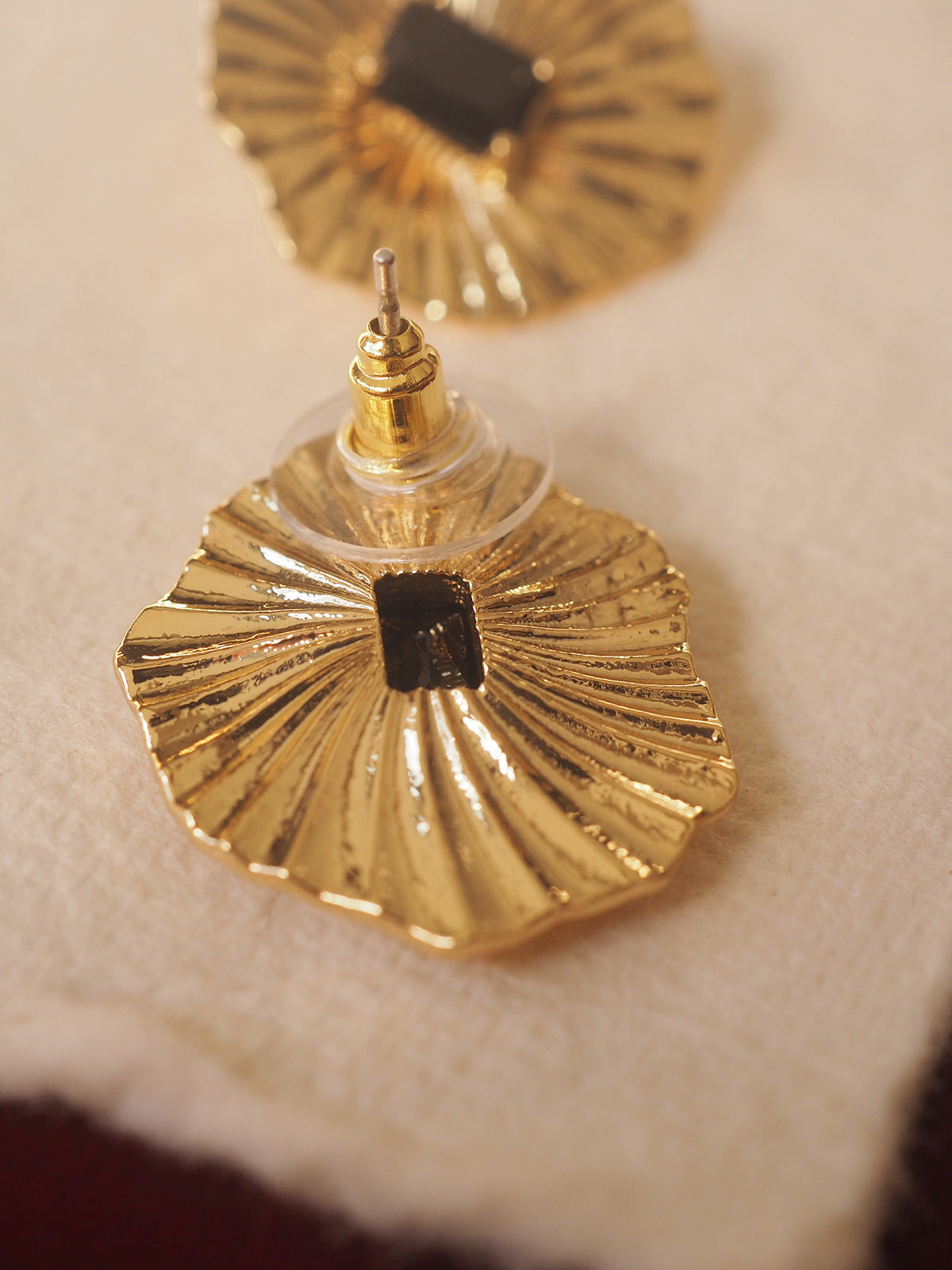 Gold Lotus Wave Textured Earrings with Black Crystal Gemstone
